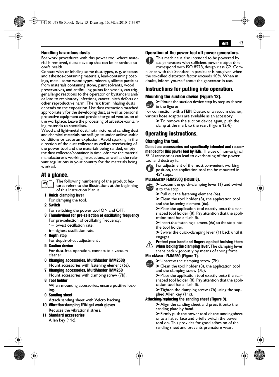 At a glance, Instructions for putting into operation, Operating instructions | Fein MultiMaster Marine User Manual | Page 13 / 107