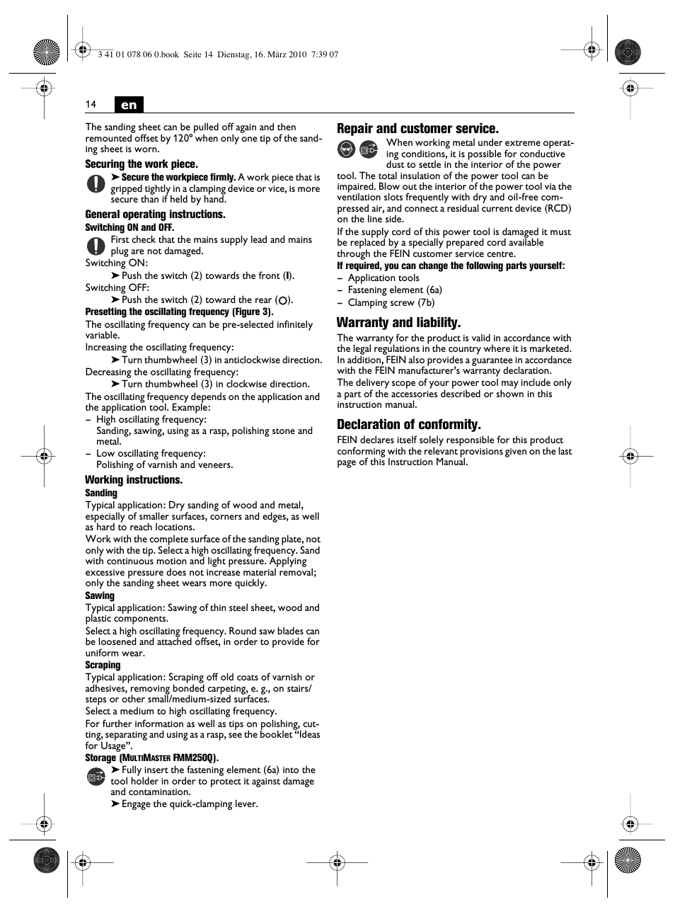 Repair and customer service, Warranty and liability, Declaration of conformity | Fein MultiMaster Marine User Manual | Page 14 / 107