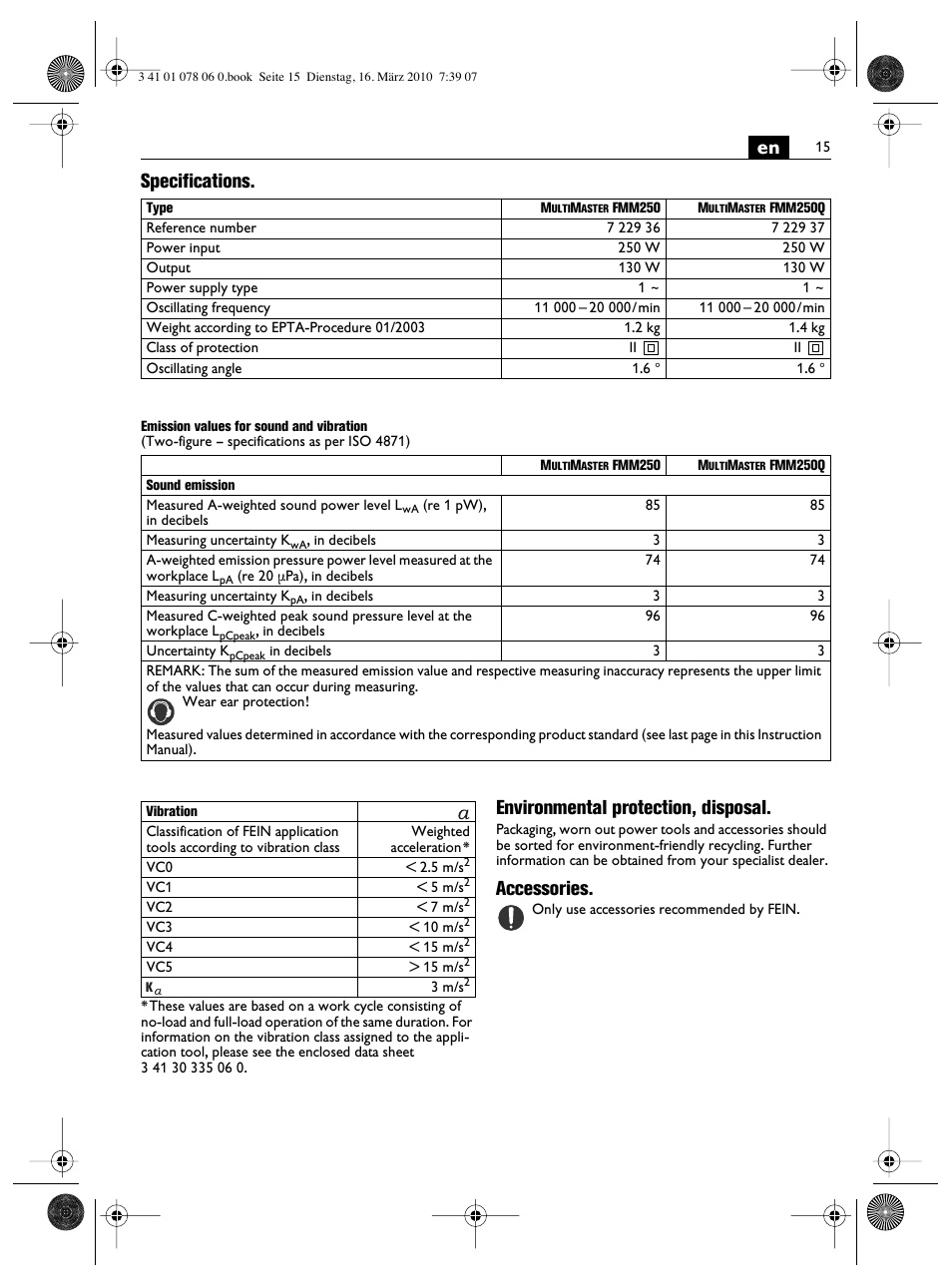 En specifications, Environmental protection, disposal, Accessories | Fein MultiMaster Marine User Manual | Page 15 / 107