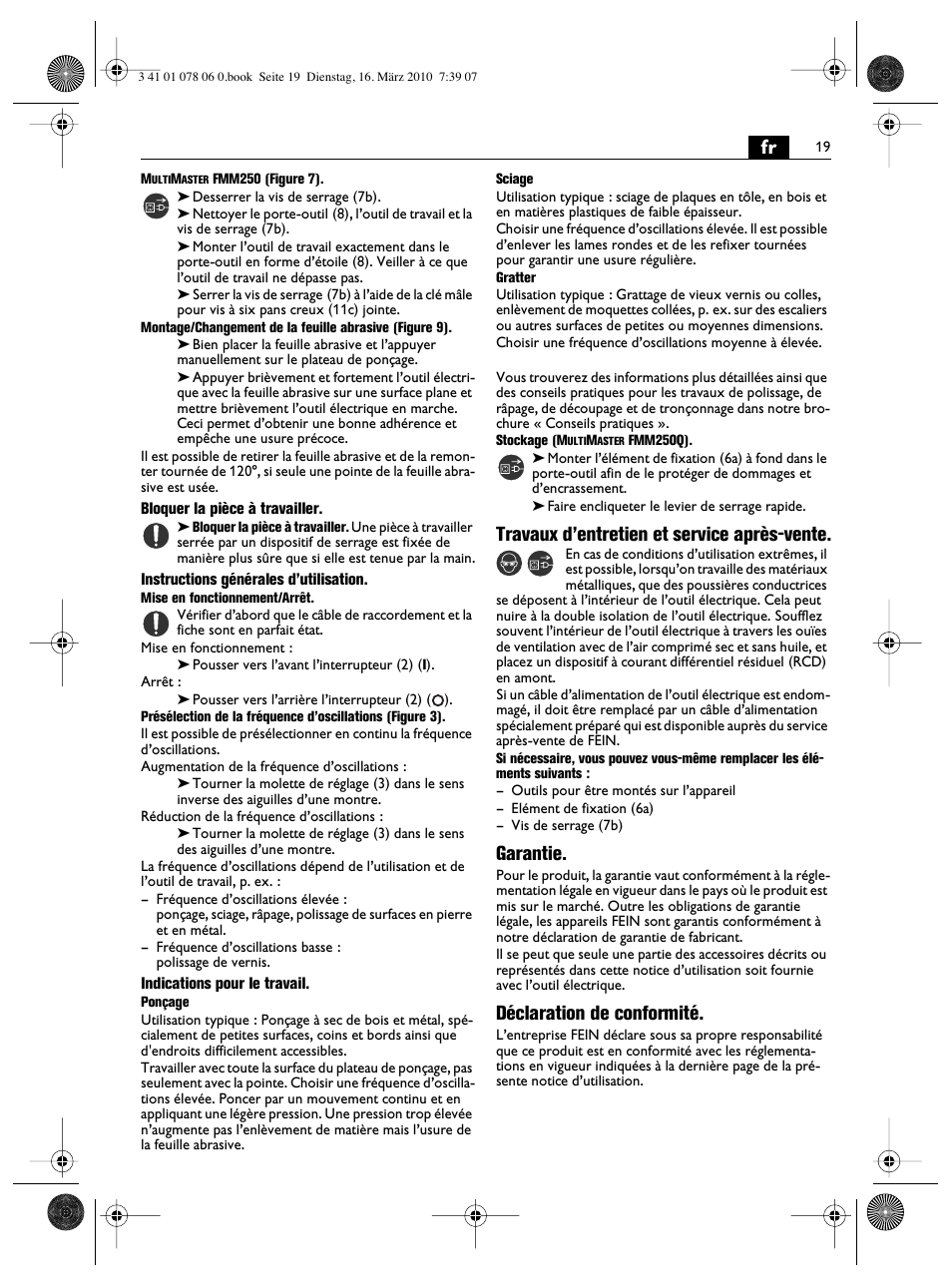 Travaux d’entretien et service après-vente, Garantie, Déclaration de conformité | Fein MultiMaster Marine User Manual | Page 19 / 107