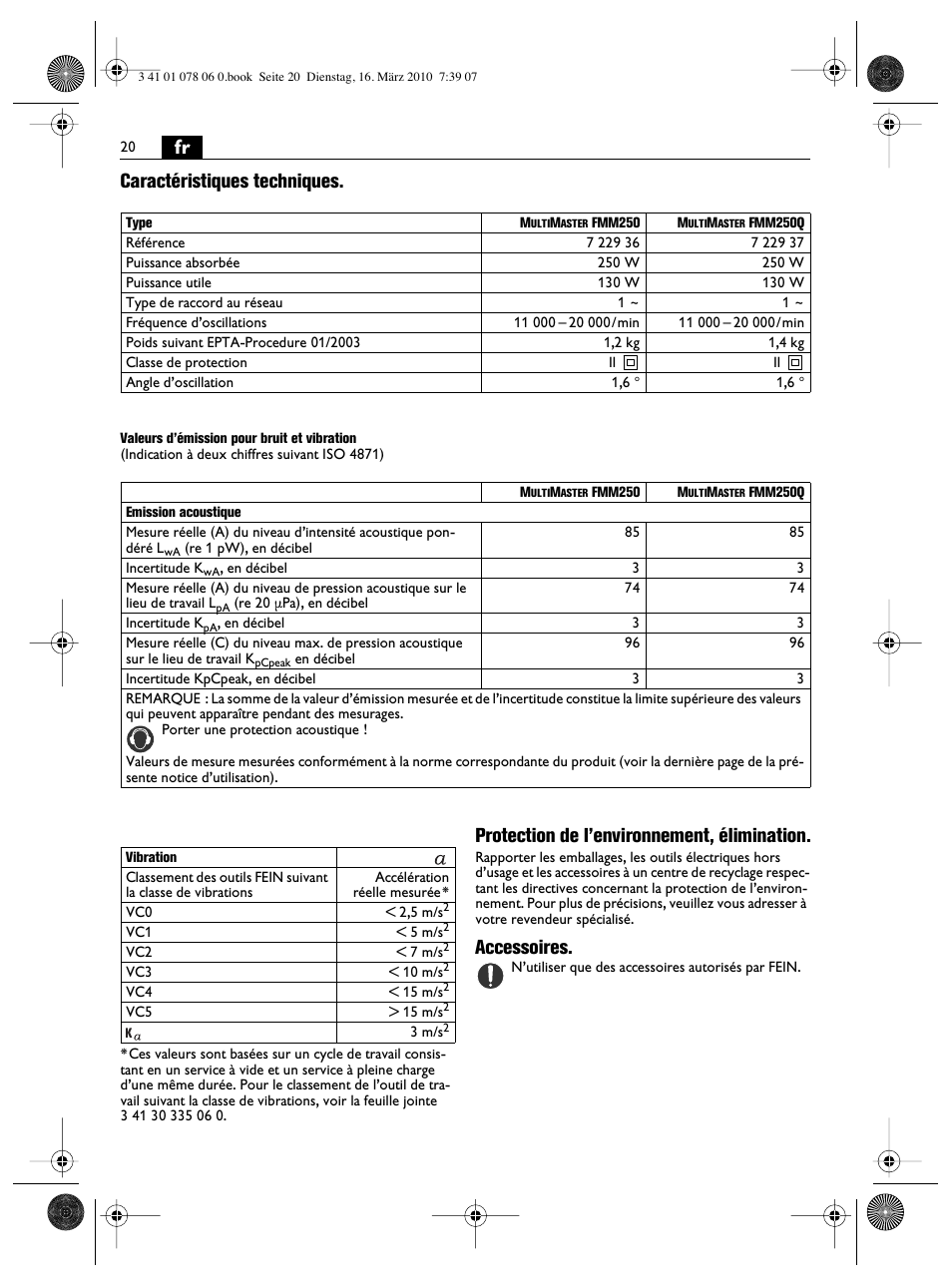 Fr caractéristiques techniques, Protection de l’environnement, élimination, Accessoires | Fein MultiMaster Marine User Manual | Page 20 / 107