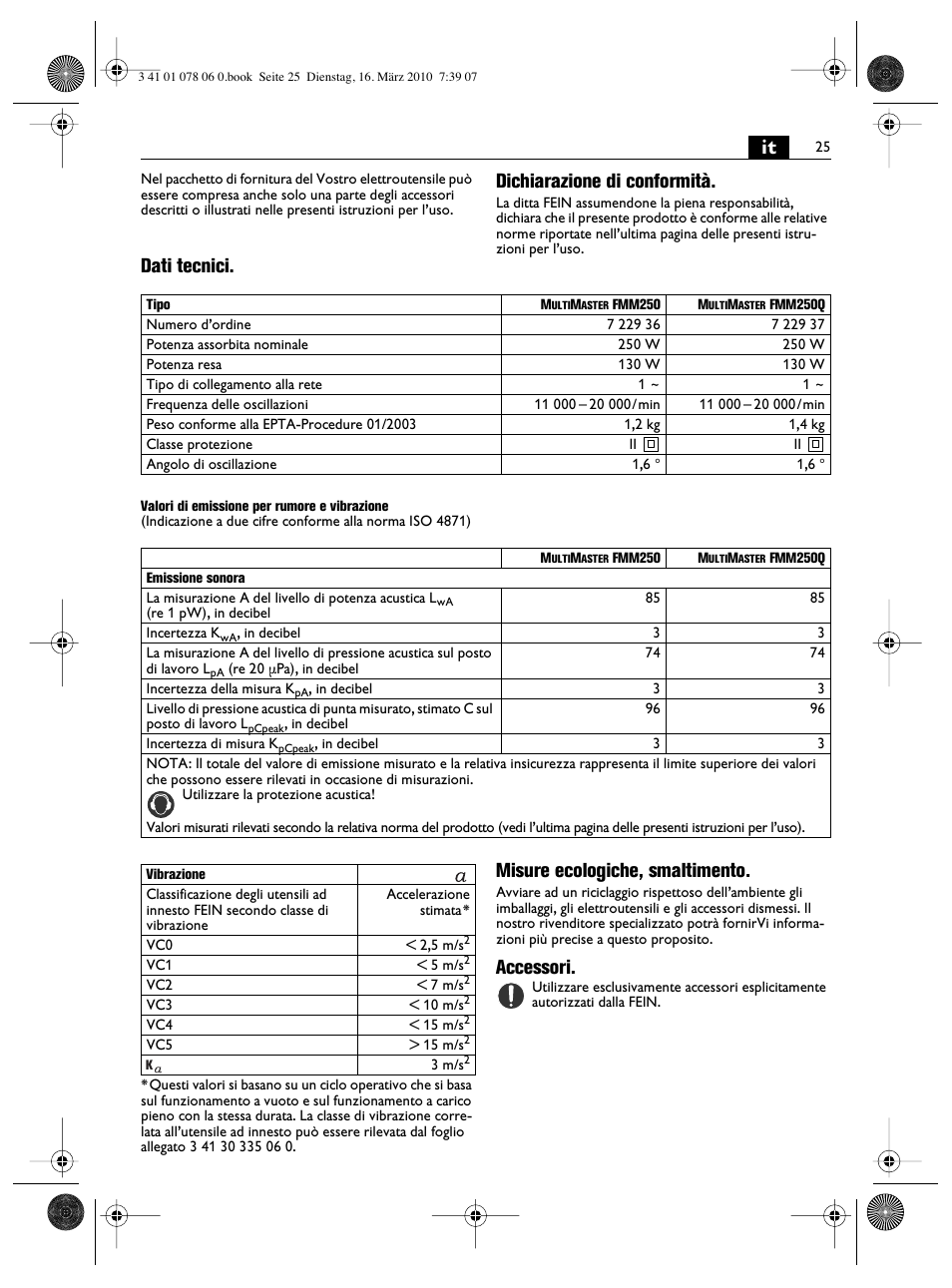 Dichiarazione di conformità, Dati tecnici, Misure ecologiche, smaltimento | Accessori | Fein MultiMaster Marine User Manual | Page 25 / 107