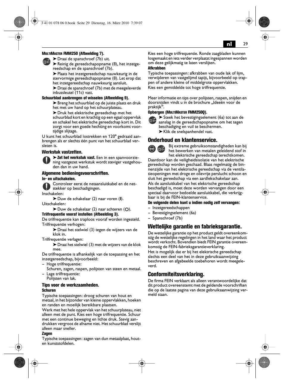 Onderhoud en klantenservice, Wettelijke garantie en fabrieksgarantie, Conformiteitsverklaring | Fein MultiMaster Marine User Manual | Page 29 / 107