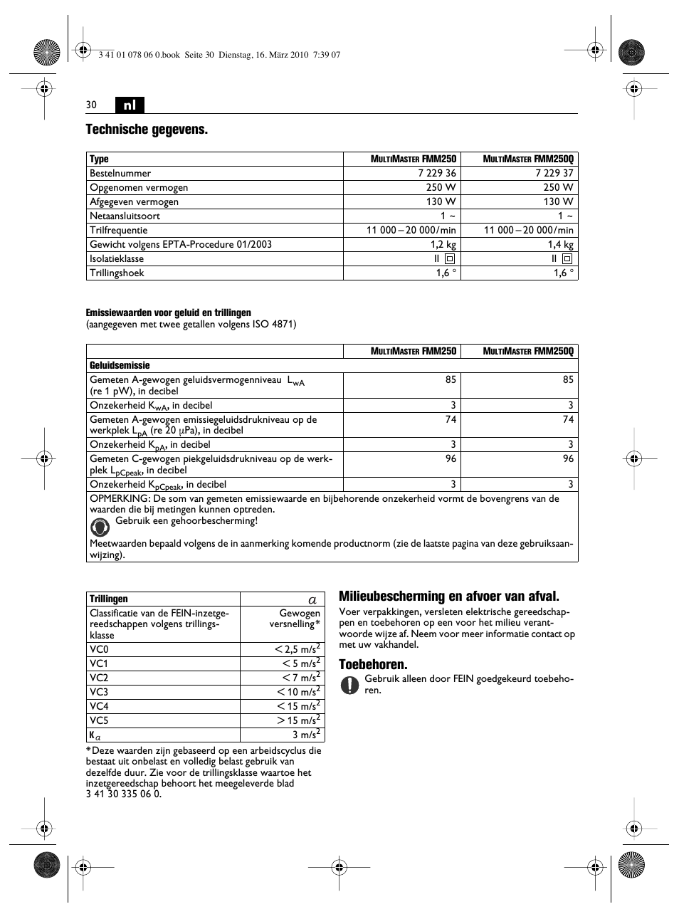 Nl technische gegevens, Milieubescherming en afvoer van afval, Toebehoren | Fein MultiMaster Marine User Manual | Page 30 / 107