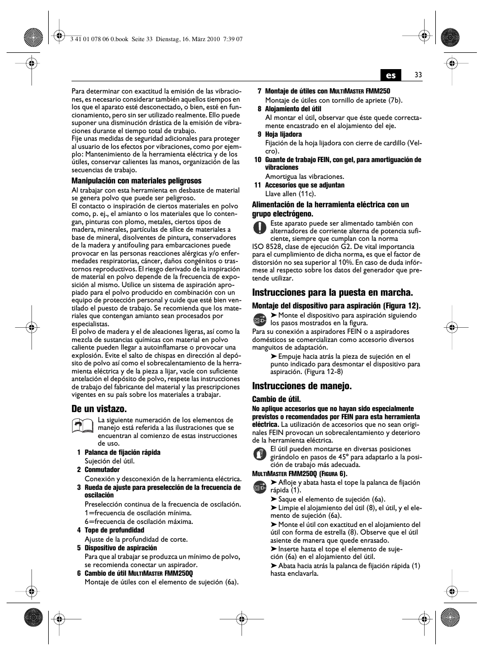 De un vistazo, Instrucciones para la puesta en marcha, Instrucciones de manejo | Fein MultiMaster Marine User Manual | Page 33 / 107