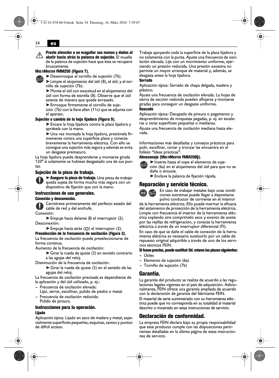 Reparación y servicio técnico, Garantía, Declaración de conformidad | Fein MultiMaster Marine User Manual | Page 34 / 107