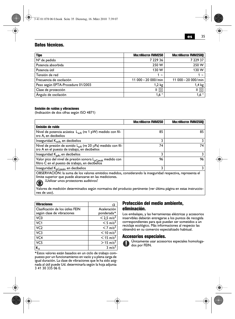 Es datos técnicos, Protección del medio ambiente, eliminación, Accesorios especiales | Fein MultiMaster Marine User Manual | Page 35 / 107