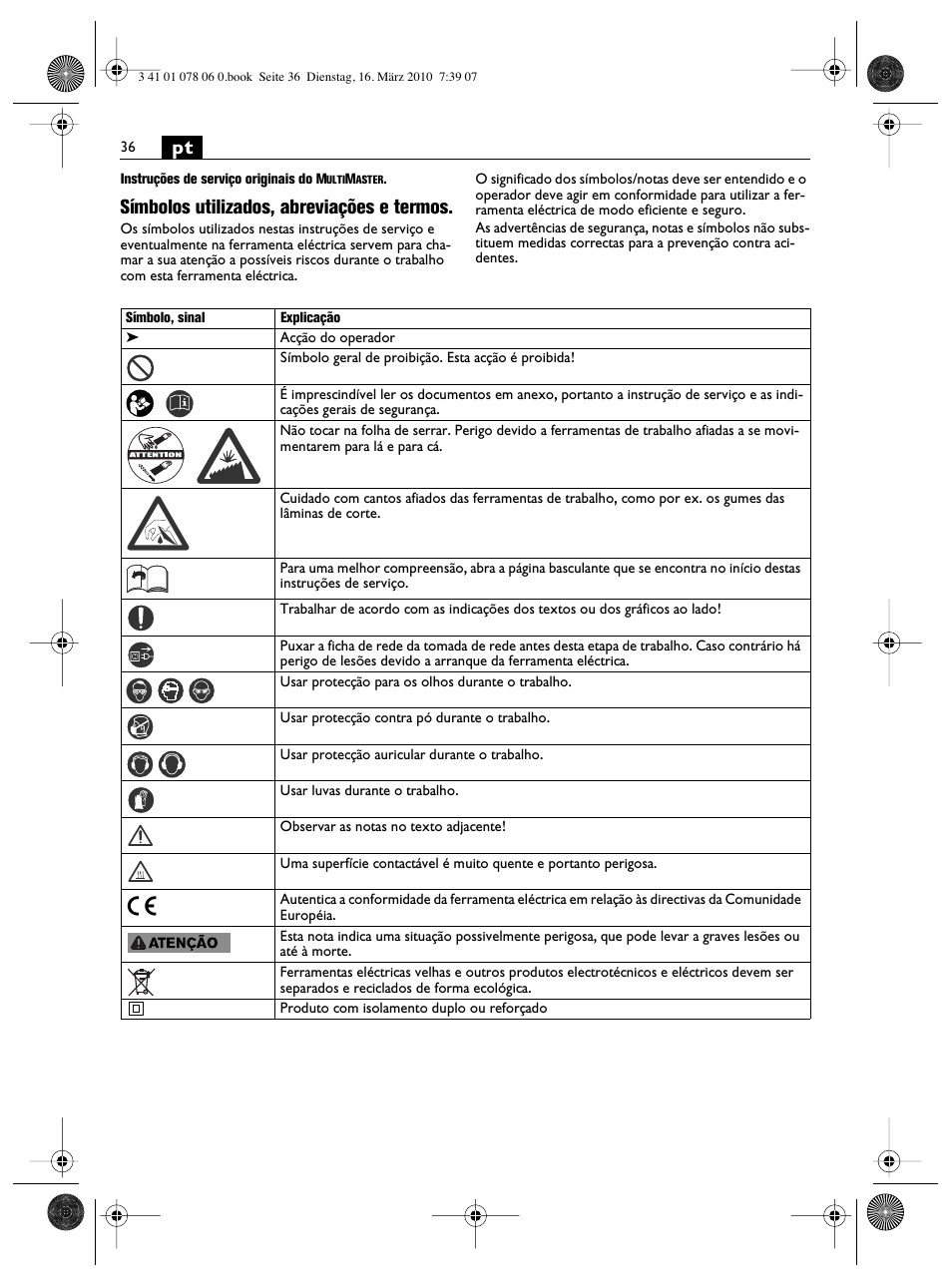 Símbolos utilizados, abreviações e termos | Fein MultiMaster Marine User Manual | Page 36 / 107