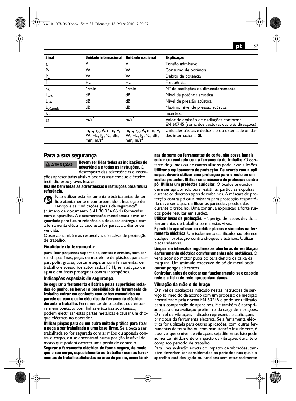 Pt para a sua segurança | Fein MultiMaster Marine User Manual | Page 37 / 107