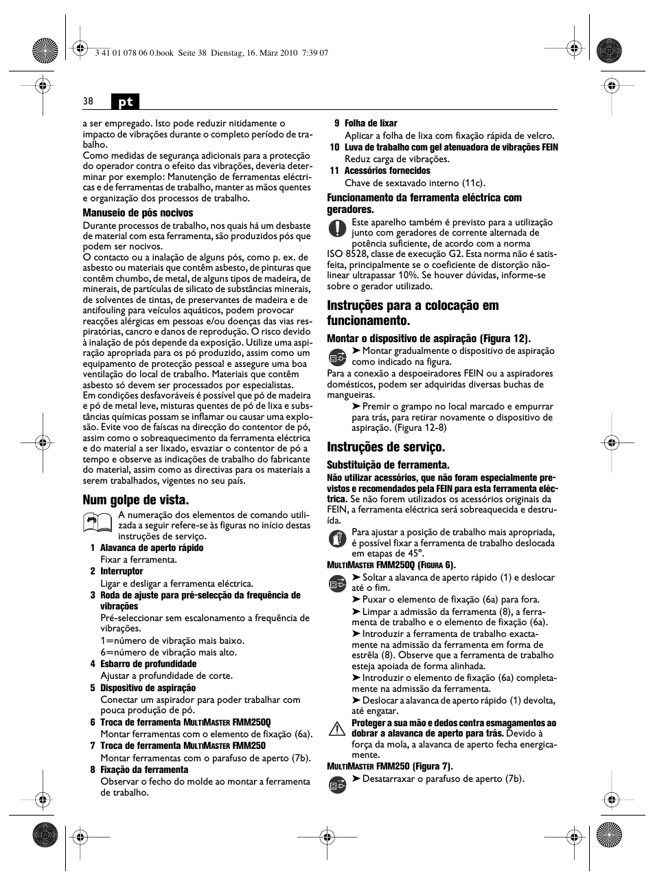 Num golpe de vista, Instruções para a colocação em funcionamento, Instruções de serviço | Fein MultiMaster Marine User Manual | Page 38 / 107