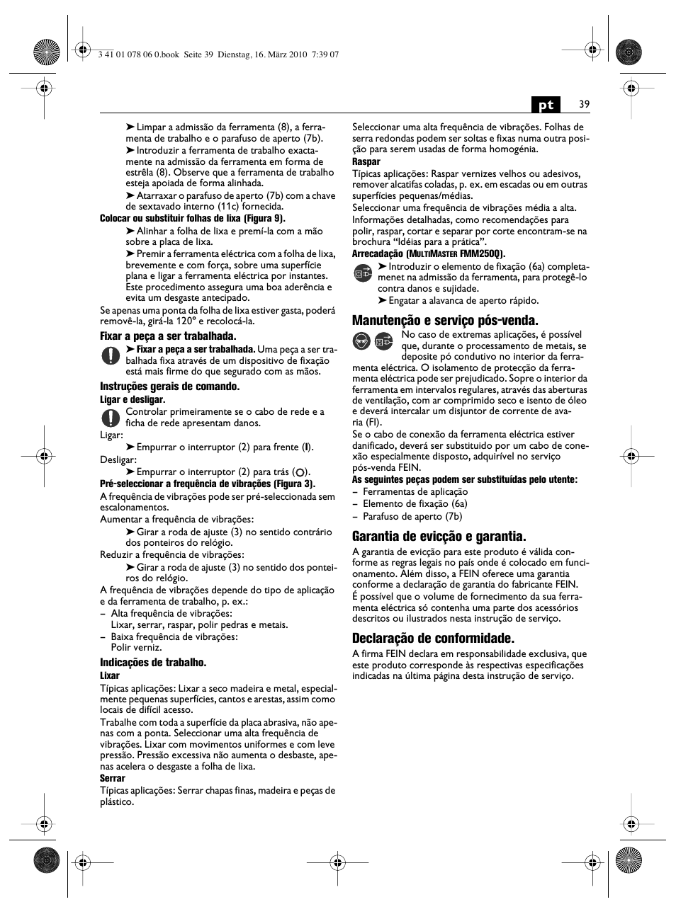 Manutenção e serviço pós-venda, Garantia de evicção e garantia, Declaração de conformidade | Fein MultiMaster Marine User Manual | Page 39 / 107