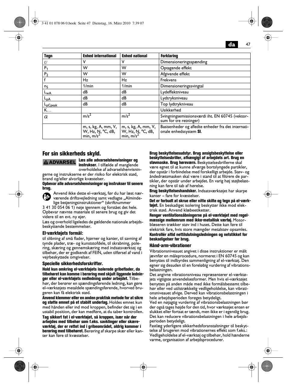 Da for sin sikkerheds skyld | Fein MultiMaster Marine User Manual | Page 47 / 107