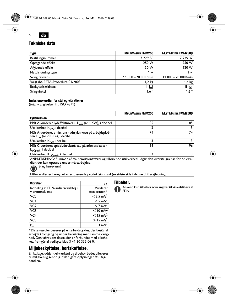 Da tekniske data, Miljøbeskyttelse, bortskaffelse, Tilbehør | Fein MultiMaster Marine User Manual | Page 50 / 107