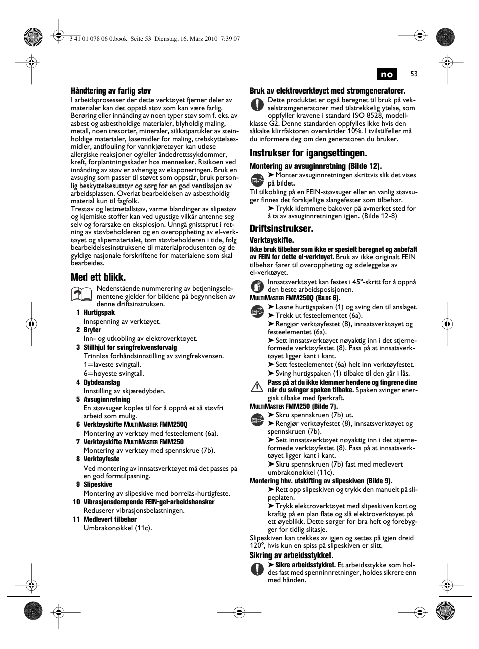 Med ett blikk, Instrukser for igangsettingen, Driftsinstrukser | Fein MultiMaster Marine User Manual | Page 53 / 107