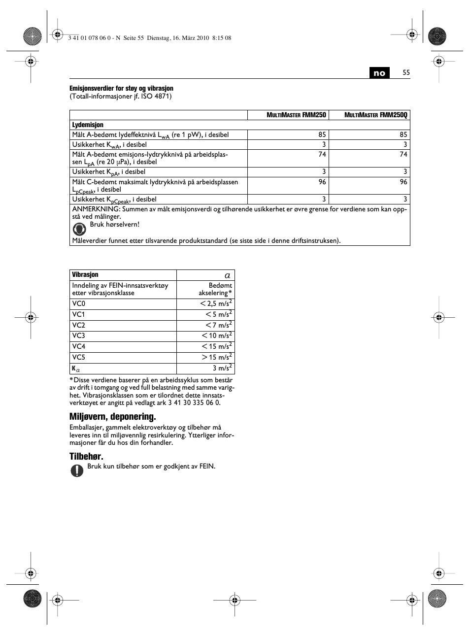 Miljøvern, deponering, Tilbehør | Fein MultiMaster Marine User Manual | Page 55 / 107