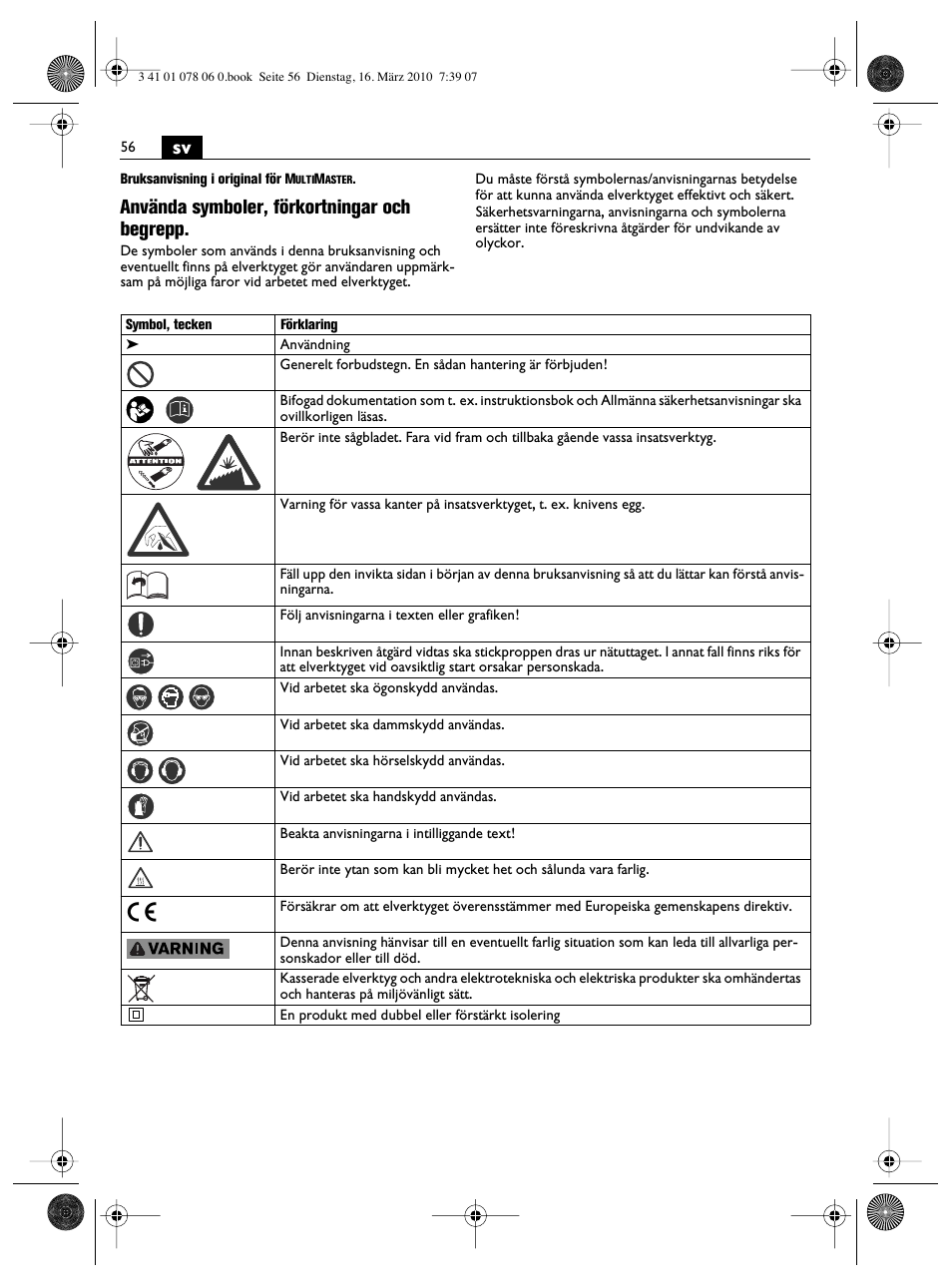 Använda symboler, förkortningar och begrepp | Fein MultiMaster Marine User Manual | Page 56 / 107