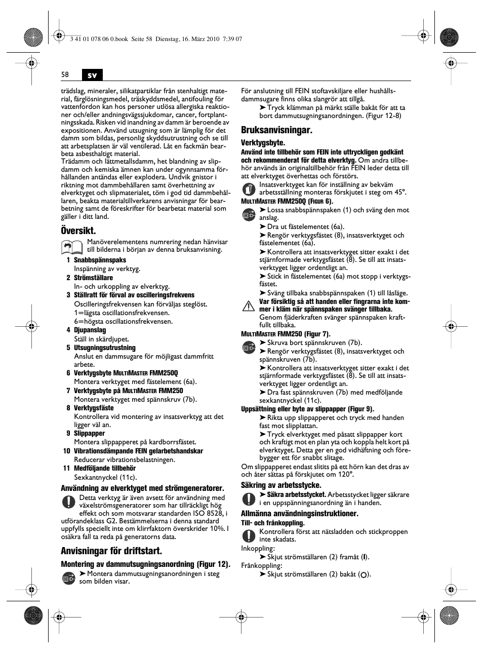 Översikt, Anvisningar för driftstart, Bruksanvisningar | Fein MultiMaster Marine User Manual | Page 58 / 107