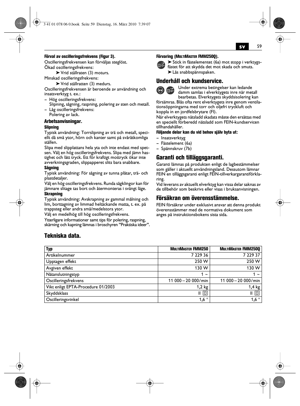 Underhåll och kundservice, Garanti och tilläggsgaranti, Försäkran om överensstämmelse | Tekniska data | Fein MultiMaster Marine User Manual | Page 59 / 107