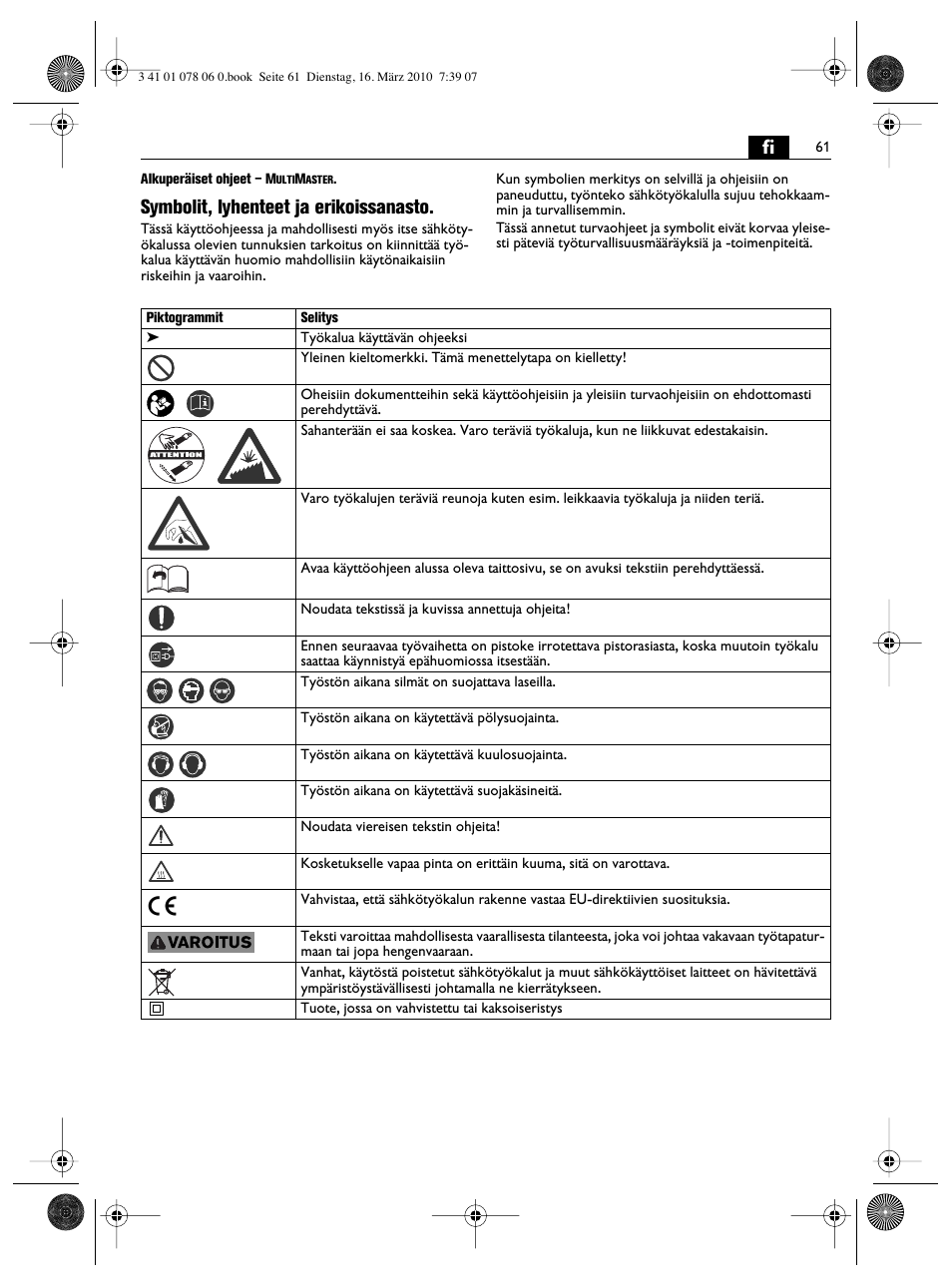 Symbolit, lyhenteet ja erikoissanasto | Fein MultiMaster Marine User Manual | Page 61 / 107