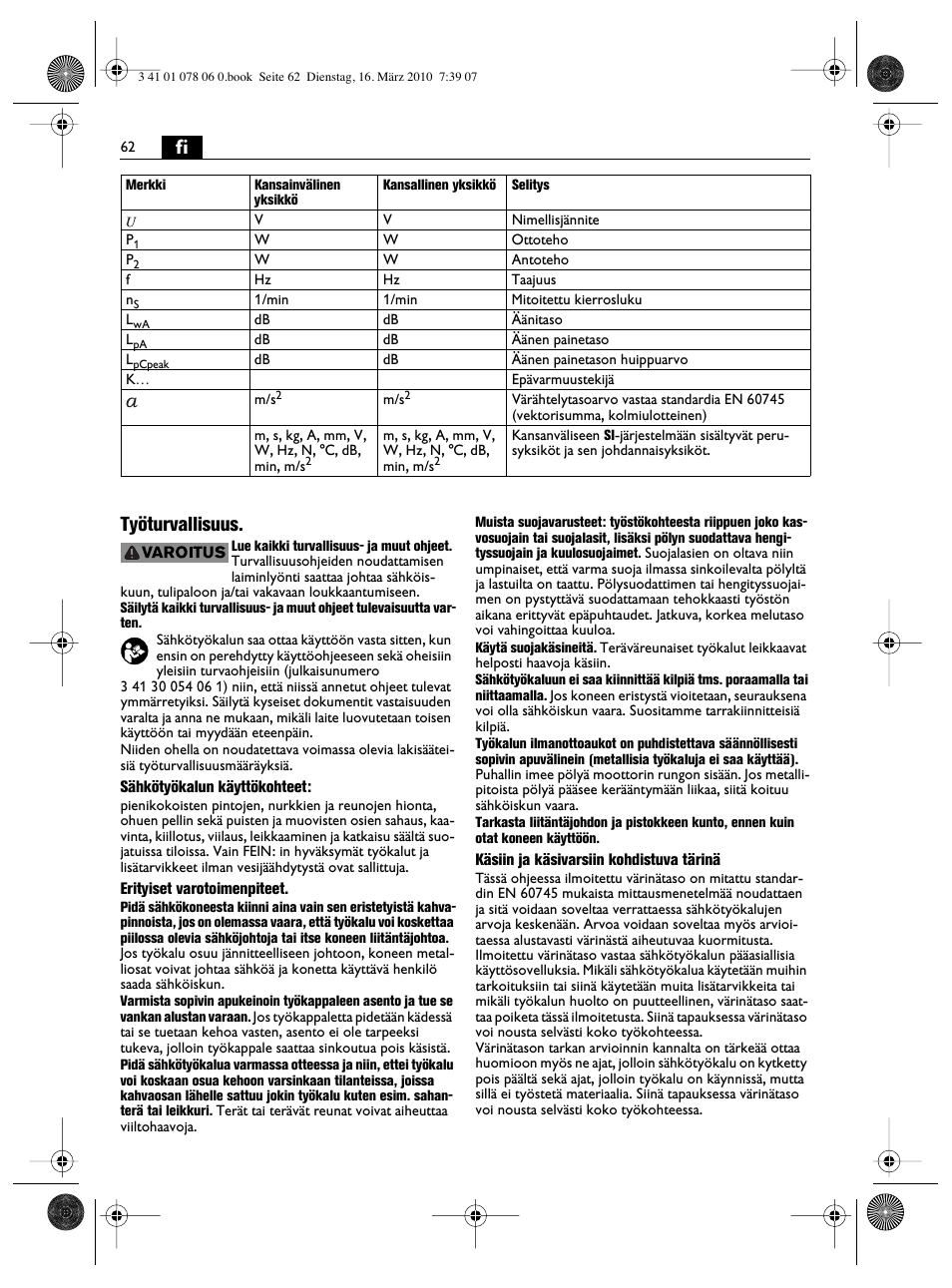 Fi työturvallisuus | Fein MultiMaster Marine User Manual | Page 62 / 107