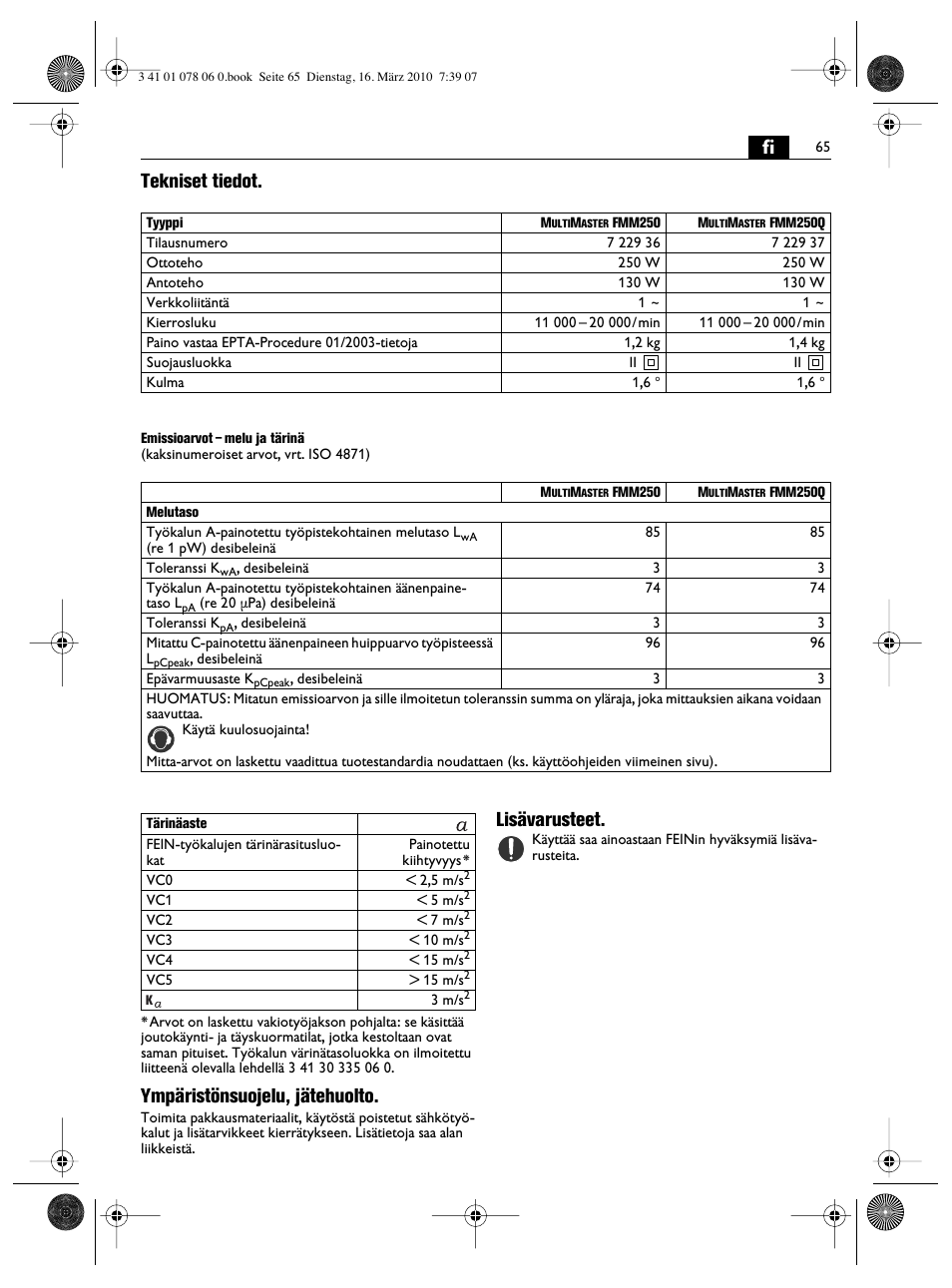 Fi tekniset tiedot, Ympäristönsuojelu, jätehuolto, Lisävarusteet | Fein MultiMaster Marine User Manual | Page 65 / 107