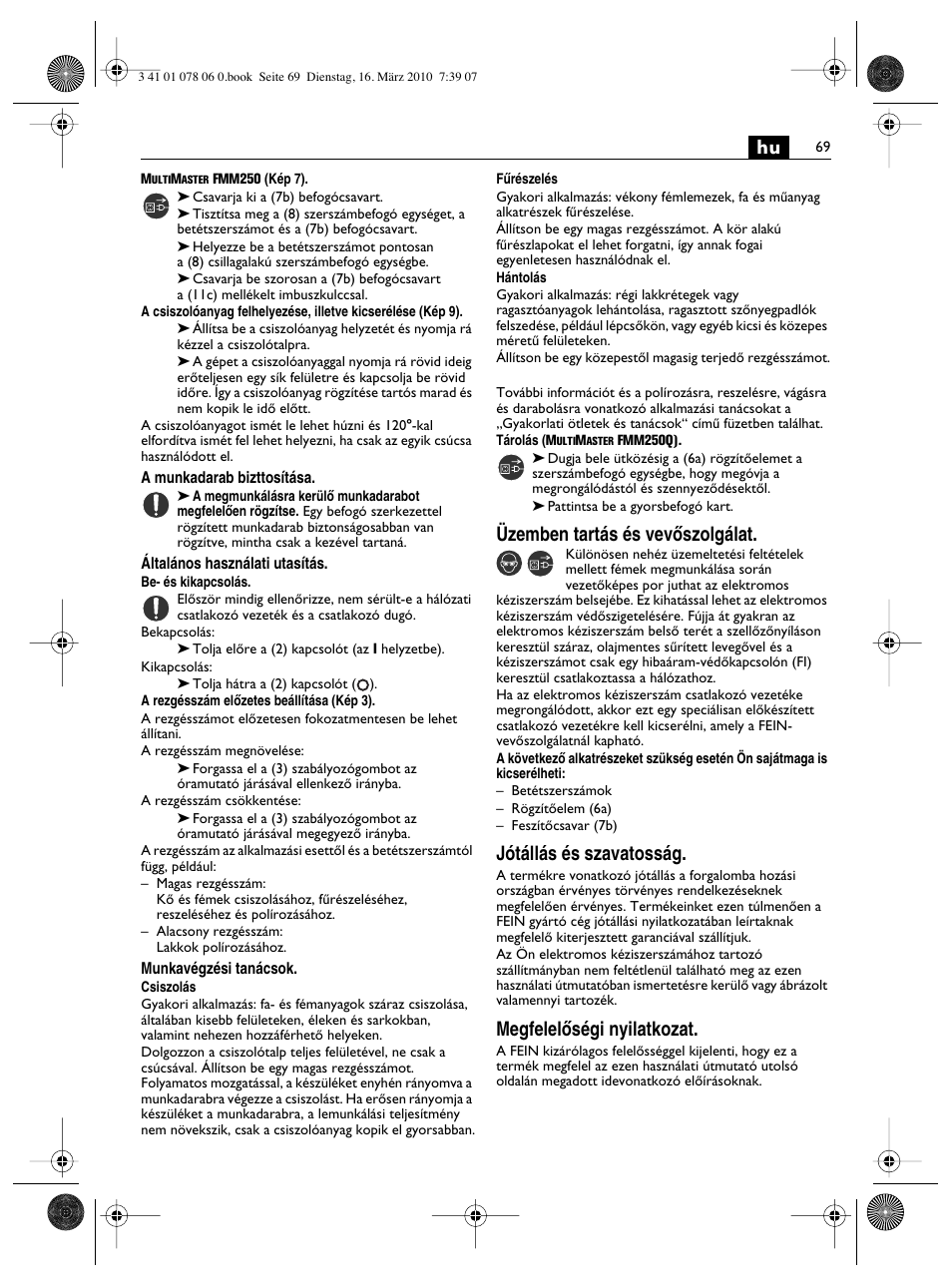 Üzemben tartás és vevœszolgálat, Jótállás és szavatosság, Megfelelœségi nyilatkozat | Fein MultiMaster Marine User Manual | Page 69 / 107