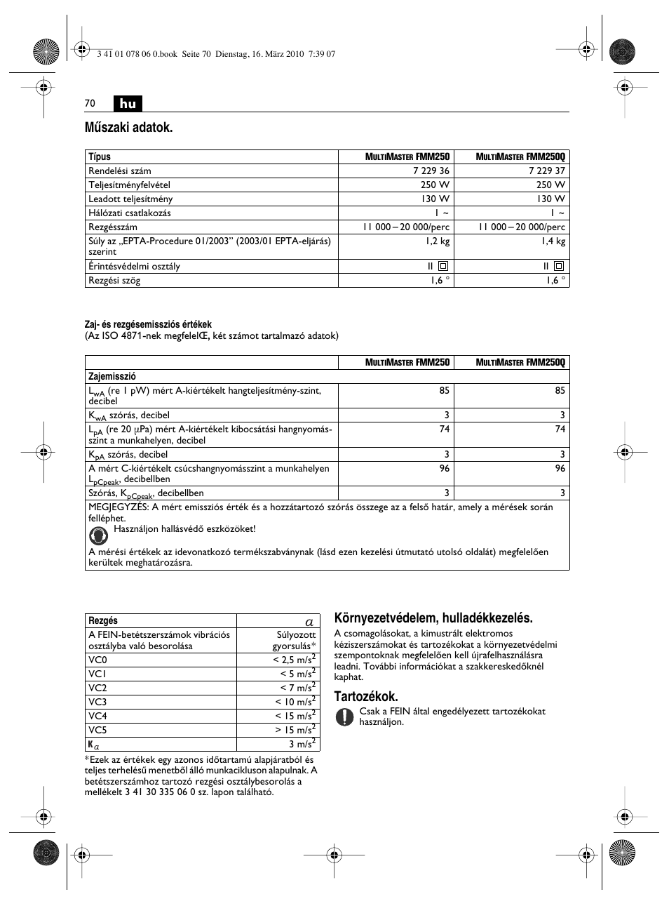 Hu mıszaki adatok, Környezetvédelem, hulladékkezelés, Tartozékok | Fein MultiMaster Marine User Manual | Page 70 / 107