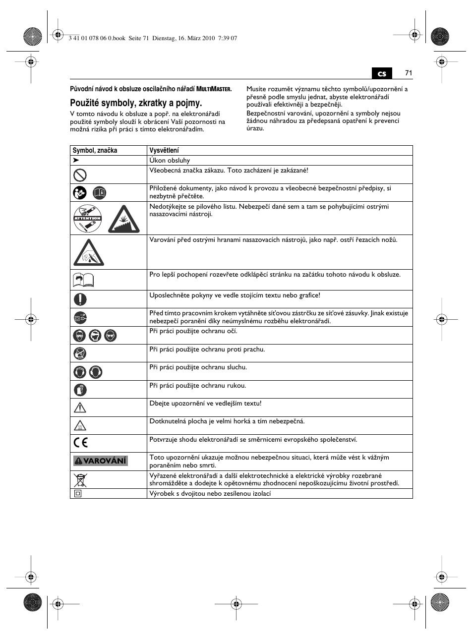 Pouïité symboly, zkratky a pojmy | Fein MultiMaster Marine User Manual | Page 71 / 107