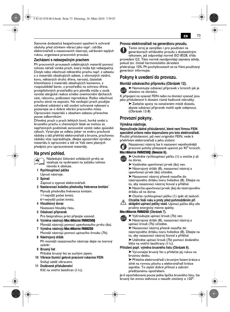 Na první pohled, Pokyny k uvedení do provozu, Provozní pokyny | Fein MultiMaster Marine User Manual | Page 73 / 107