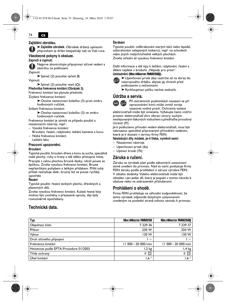 Údrïba a servis, Záruka a ruãení, Prohlá‰ení o shodû | Technická data | Fein MultiMaster Marine User Manual | Page 74 / 107