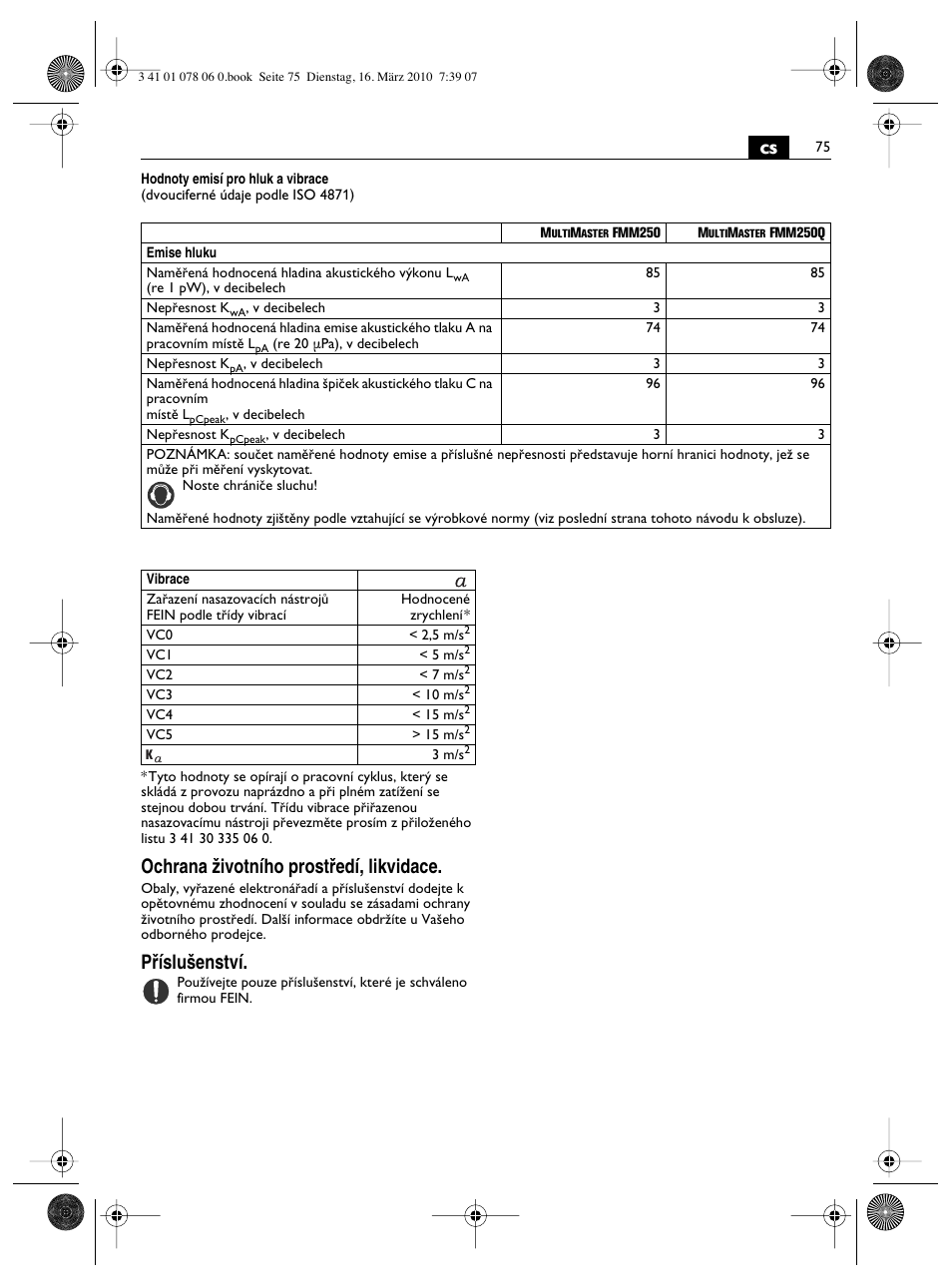 Ochrana ïivotního prostﬁedí, likvidace, Pﬁíslu‰enství | Fein MultiMaster Marine User Manual | Page 75 / 107