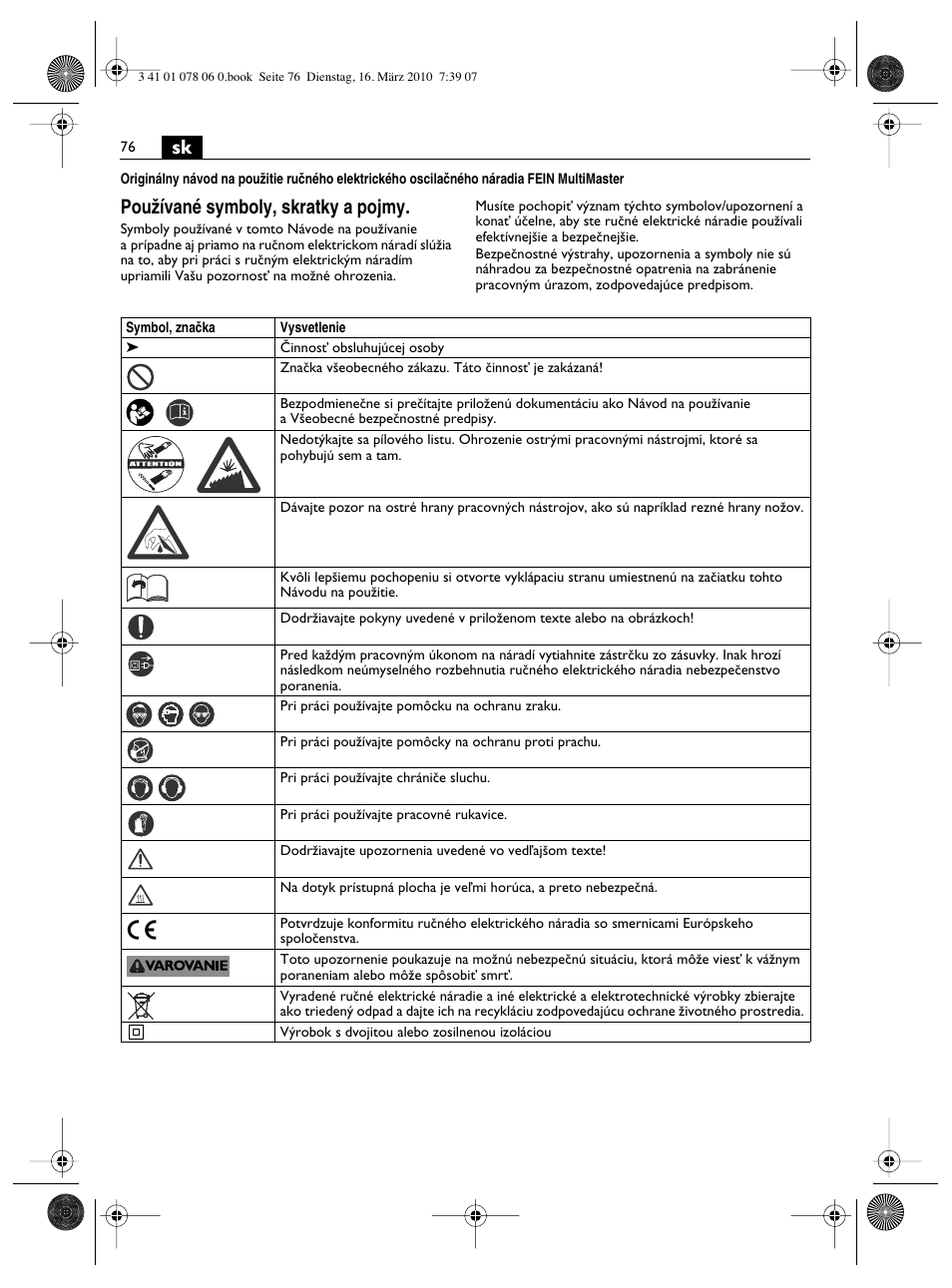 Pouïívané symboly, skratky a pojmy | Fein MultiMaster Marine User Manual | Page 76 / 107