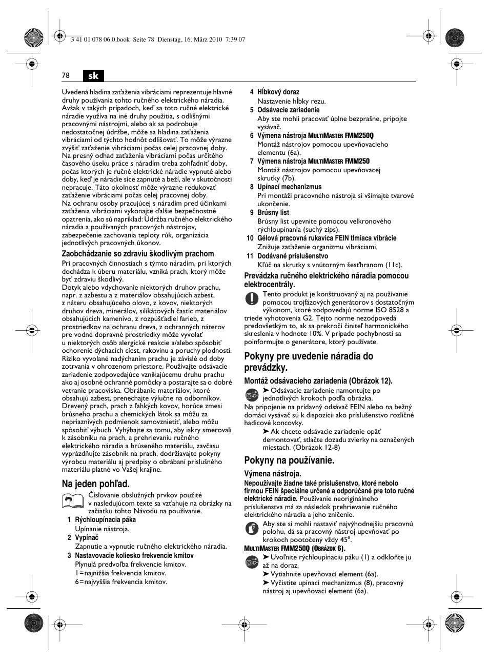 Na jeden pohºad, Pokyny pre uvedenie náradia do prevádzky, Pokyny na pouïívanie | Fein MultiMaster Marine User Manual | Page 78 / 107