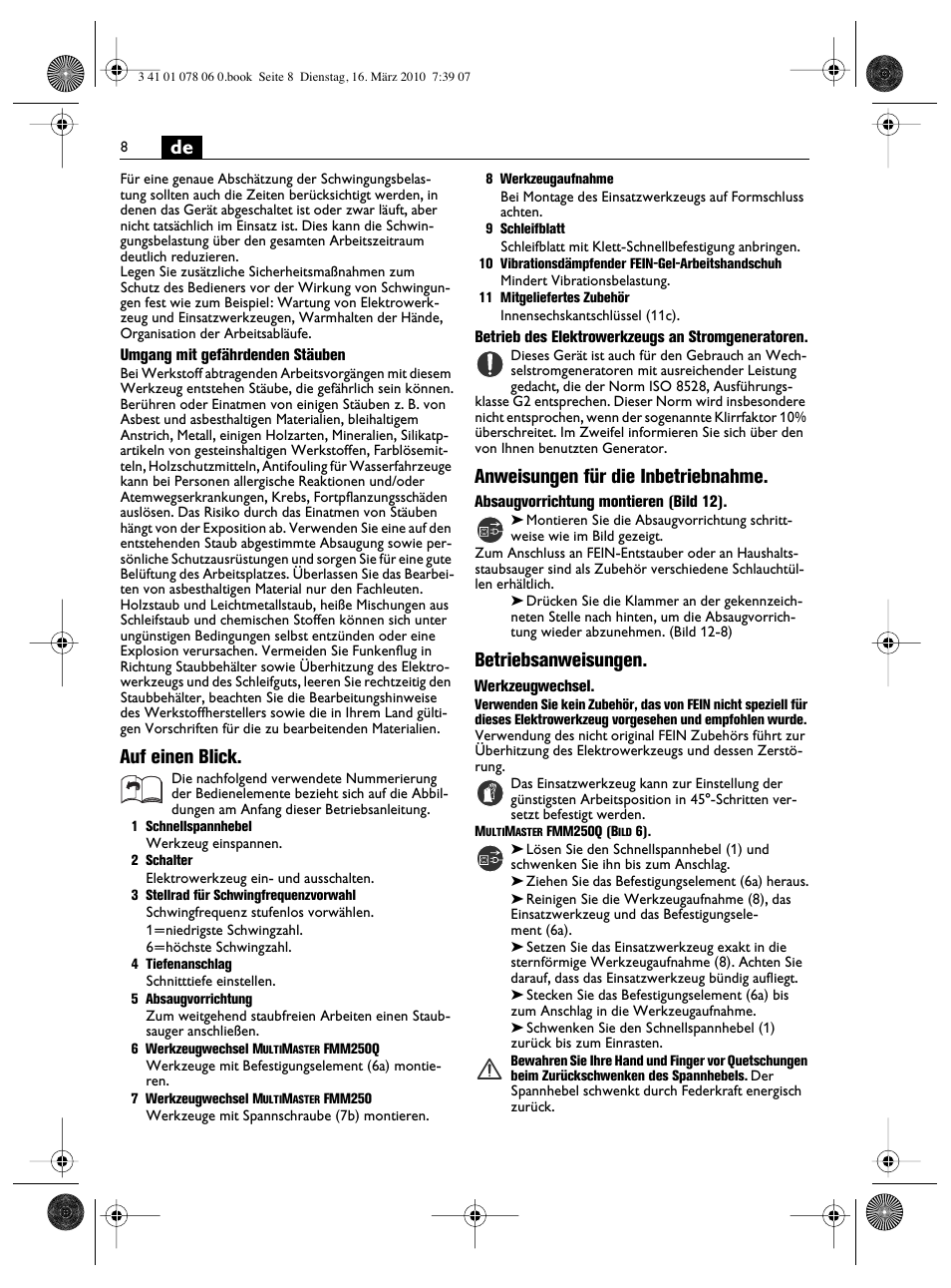 Auf einen blick, Anweisungen für die inbetriebnahme, Betriebsanweisungen | Fein MultiMaster Marine User Manual | Page 8 / 107