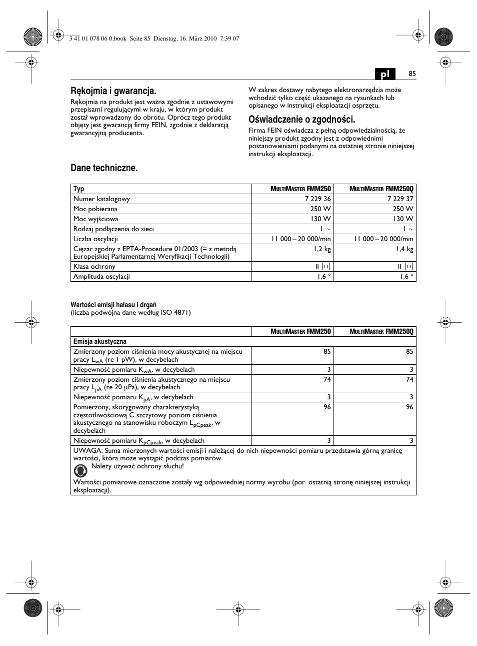 Pl r´kojmia i gwarancja, Oêwiadczenie o zgodnoêci, Dane techniczne | Fein MultiMaster Marine User Manual | Page 85 / 107