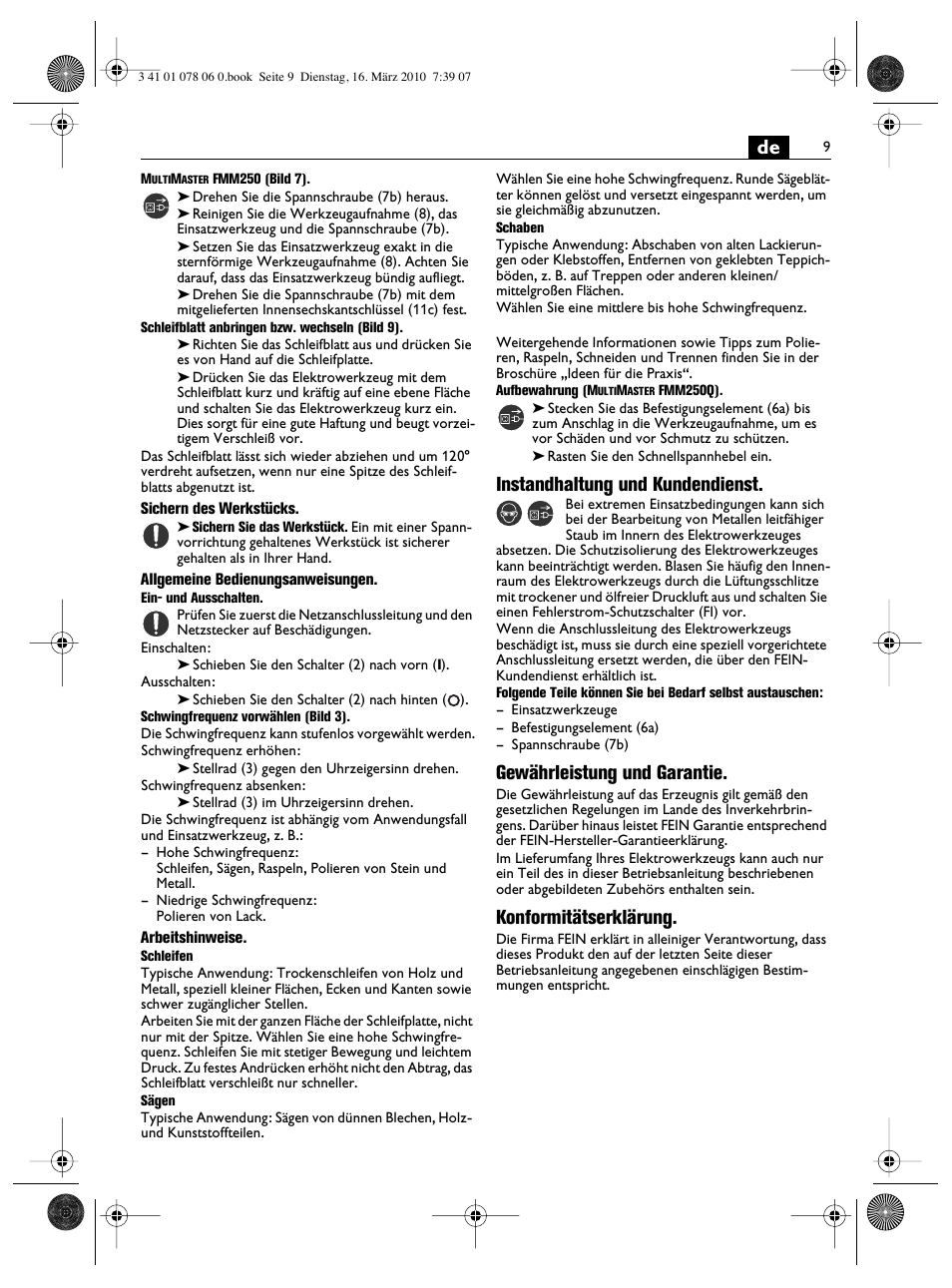 Instandhaltung und kundendienst, Gewährleistung und garantie, Konformitätserklärung | Fein MultiMaster Marine User Manual | Page 9 / 107