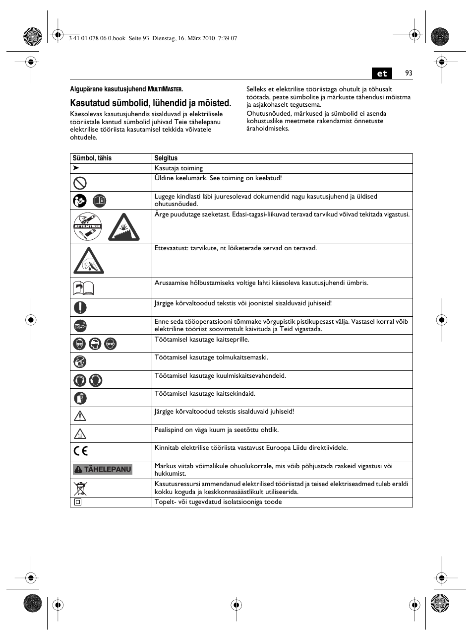 Kasutatud sümbolid, lühendid ja mõisted | Fein MultiMaster Marine User Manual | Page 93 / 107