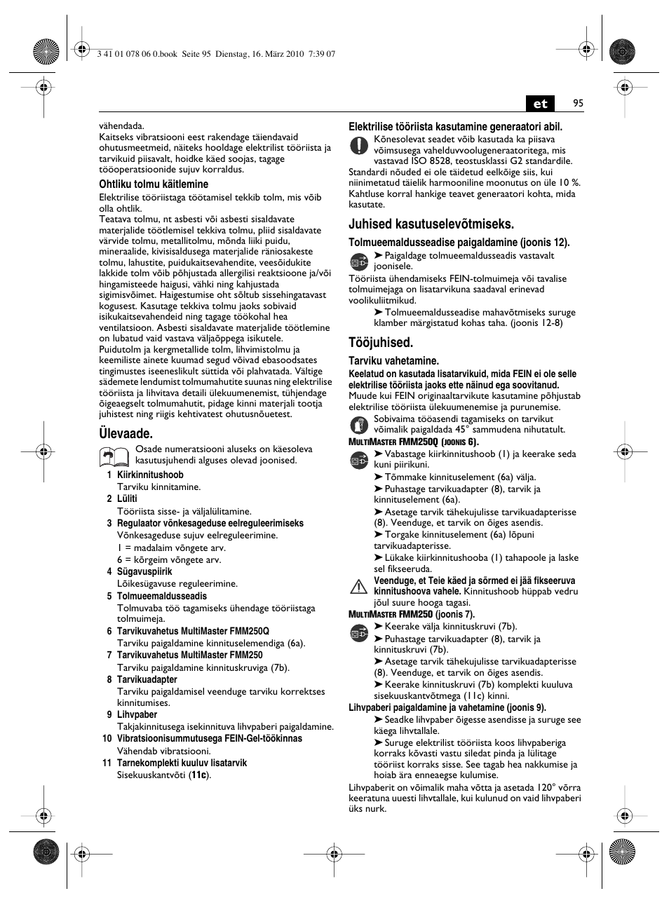 Ülevaade, Juhised kasutuselevõtmiseks, Tööjuhised | Fein MultiMaster Marine User Manual | Page 95 / 107