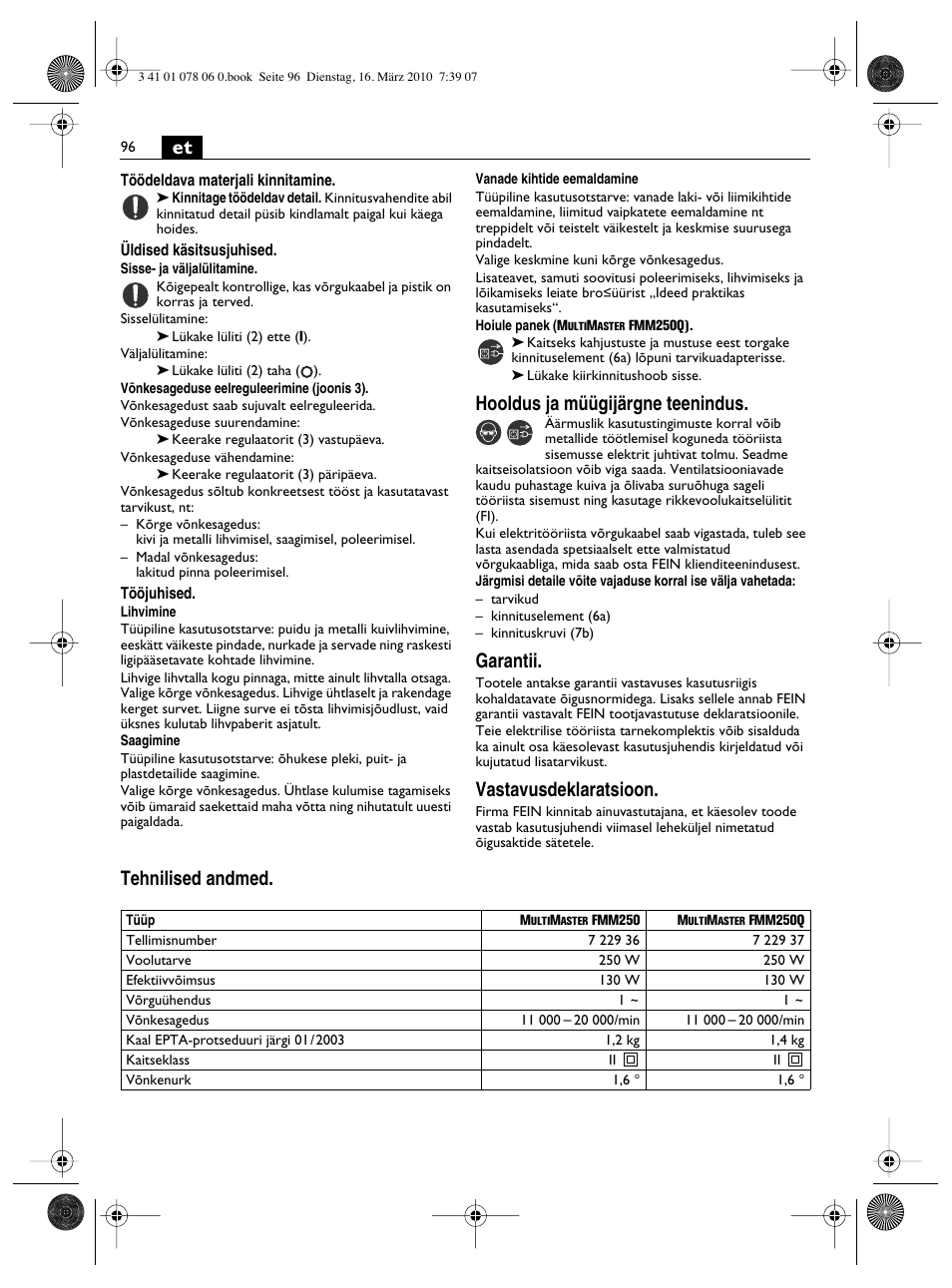 Hooldus ja müügijärgne teenindus, Garantii, Vastavusdeklaratsioon | Tehnilised andmed | Fein MultiMaster Marine User Manual | Page 96 / 107