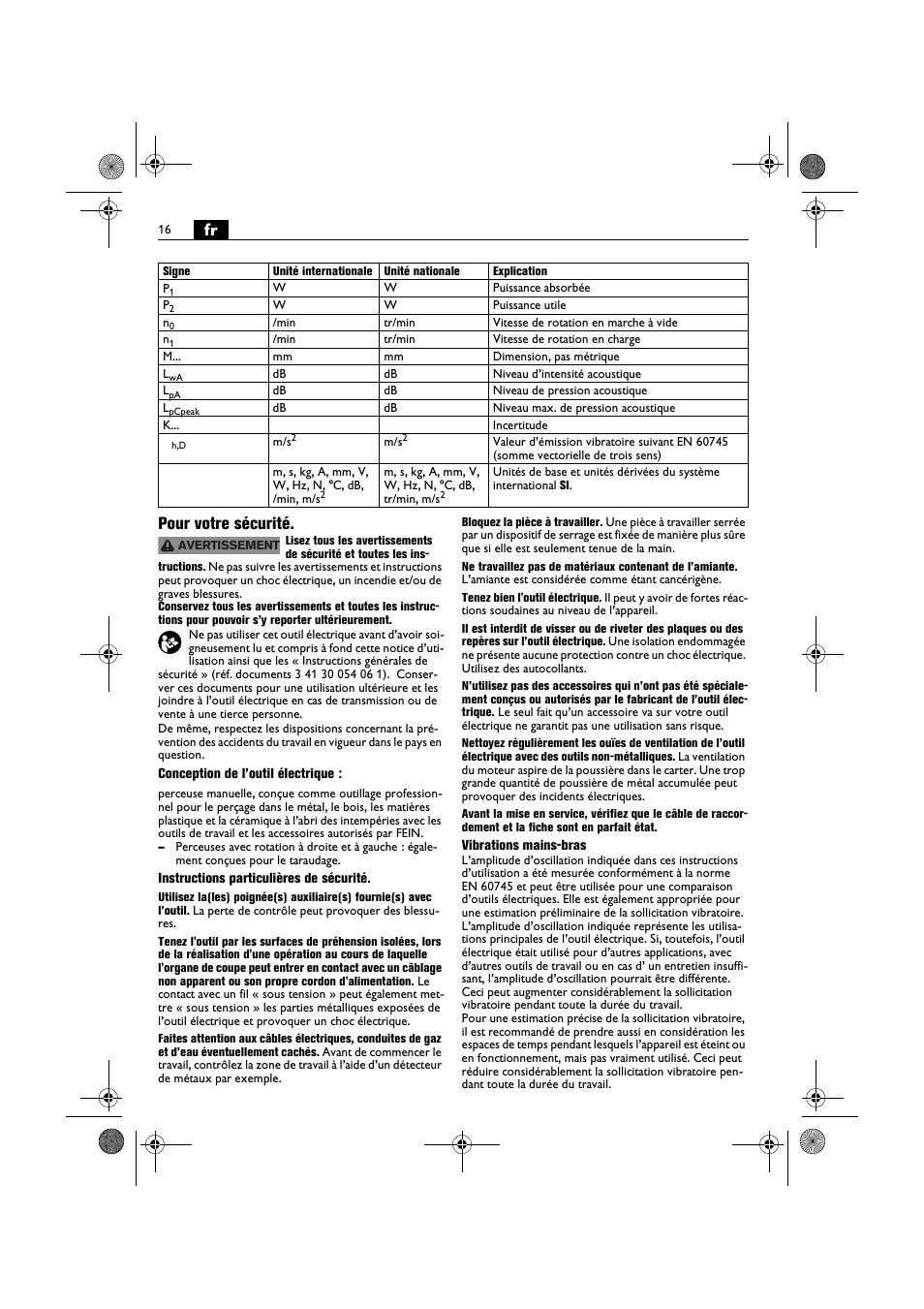 Fr pour votre sécurité | Fein BOP 10-2 User Manual | Page 16 / 110