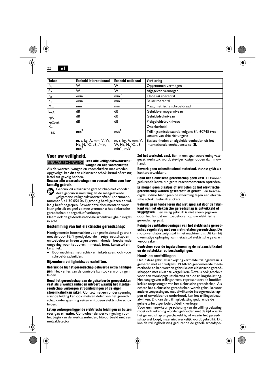 Nl voor uw veiligheid | Fein BOP 10-2 User Manual | Page 22 / 110