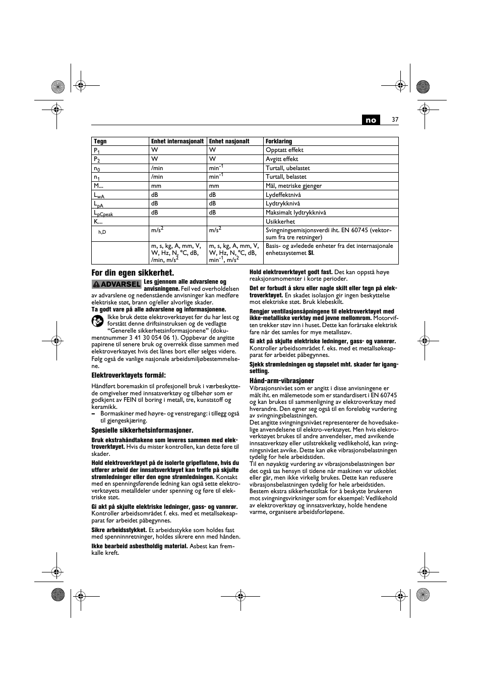 No for din egen sikkerhet | Fein BOP 10-2 User Manual | Page 37 / 110