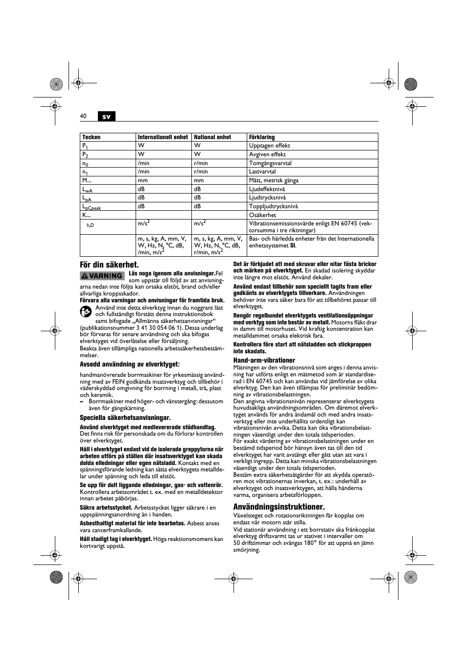 Sv för din säkerhet, Användningsinstruktioner | Fein BOP 10-2 User Manual | Page 40 / 110