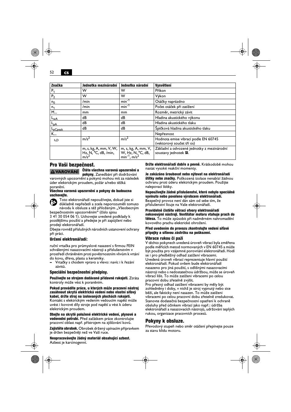 Cs pro vaši bezpečnost, Pokyny k obsluze | Fein BOP 10-2 User Manual | Page 52 / 110