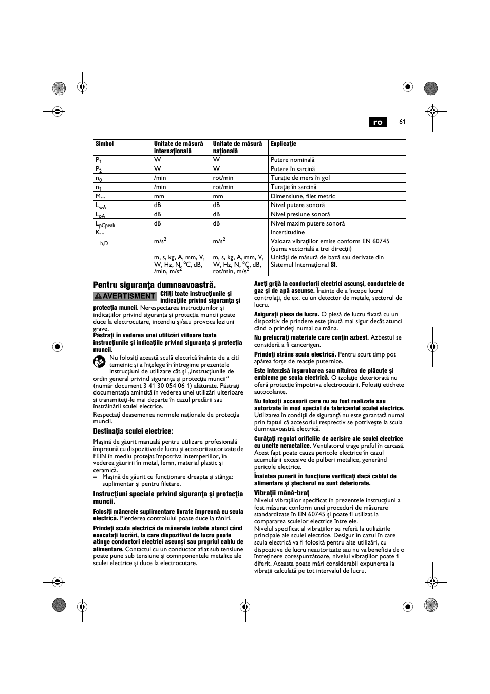 Ro pentru siguranţa dumneavoastră | Fein BOP 10-2 User Manual | Page 61 / 110