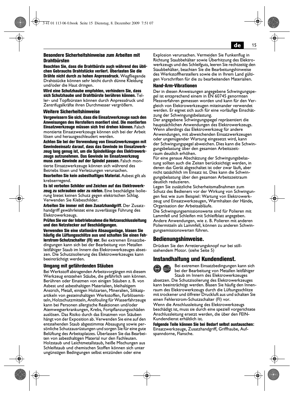 Bedienungshinweise, Instandhaltung und kundendienst | Fein WPO 14-15E User Manual | Page 15 / 94