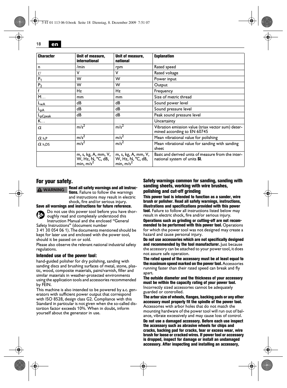 En for your safety | Fein WPO 14-15E User Manual | Page 18 / 94