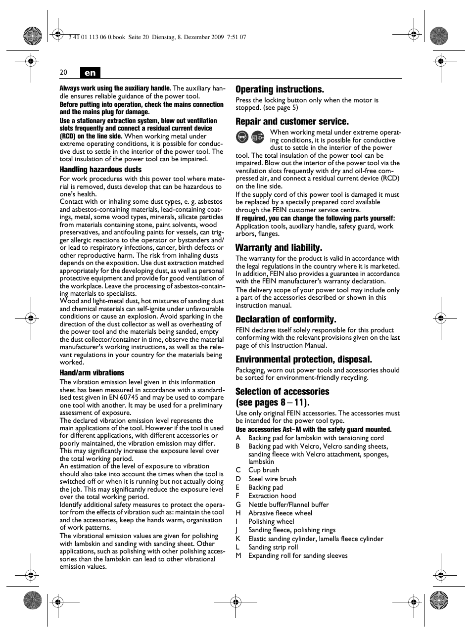 Operating instructions, Repair and customer service, Warranty and liability | Declaration of conformity, Environmental protection, disposal, Selection of accessories (see pages 8 – 11) | Fein WPO 14-15E User Manual | Page 20 / 94