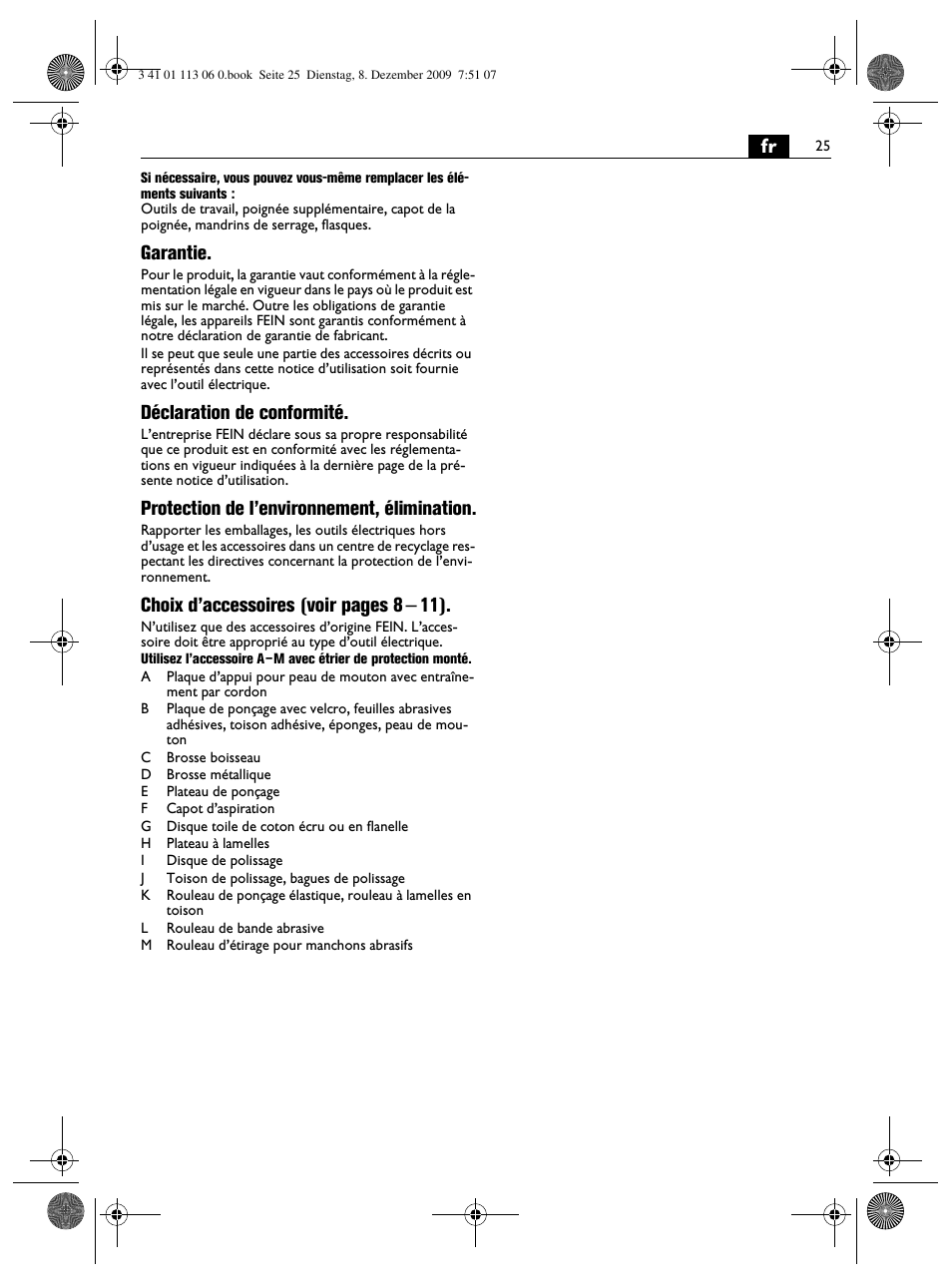 Garantie, Déclaration de conformité, Protection de l’environnement, élimination | Choix d’accessoires (voir pages 8 – 11) | Fein WPO 14-15E User Manual | Page 25 / 94