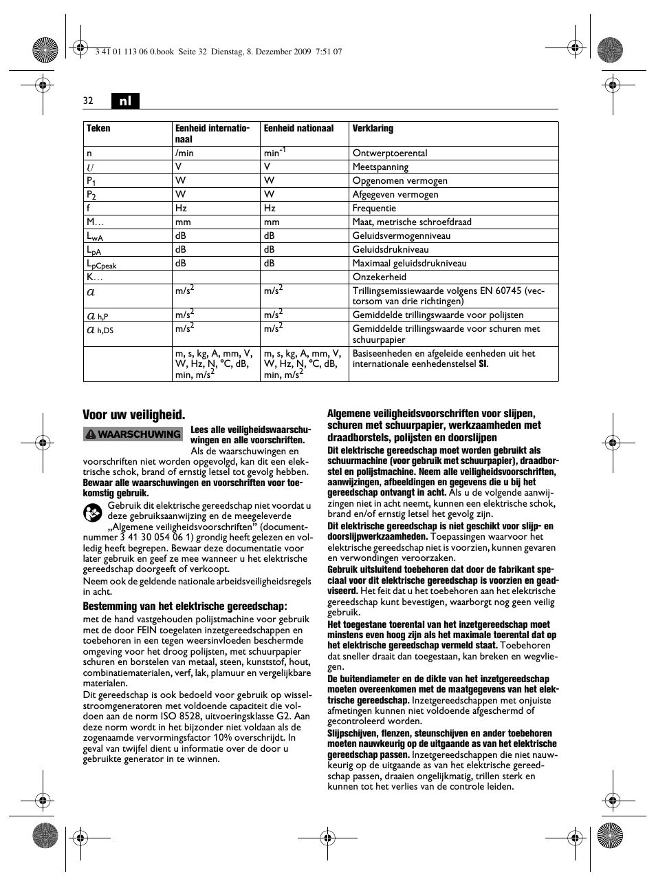 Nl voor uw veiligheid | Fein WPO 14-15E User Manual | Page 32 / 94